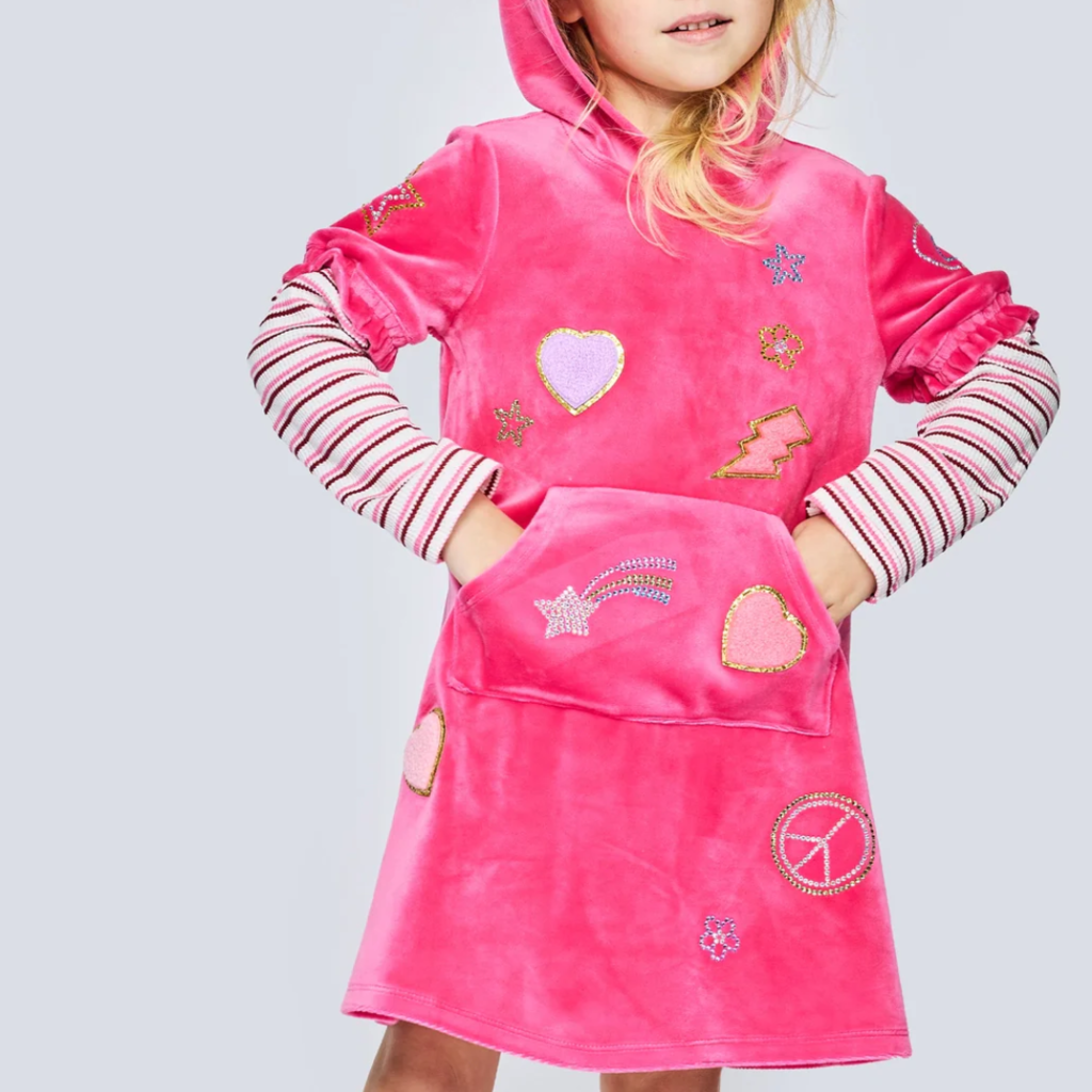 Baby Sara L/S VELOUR HOODIE DRESS W/PATCH AND RHINESTONES-FUSCHIA