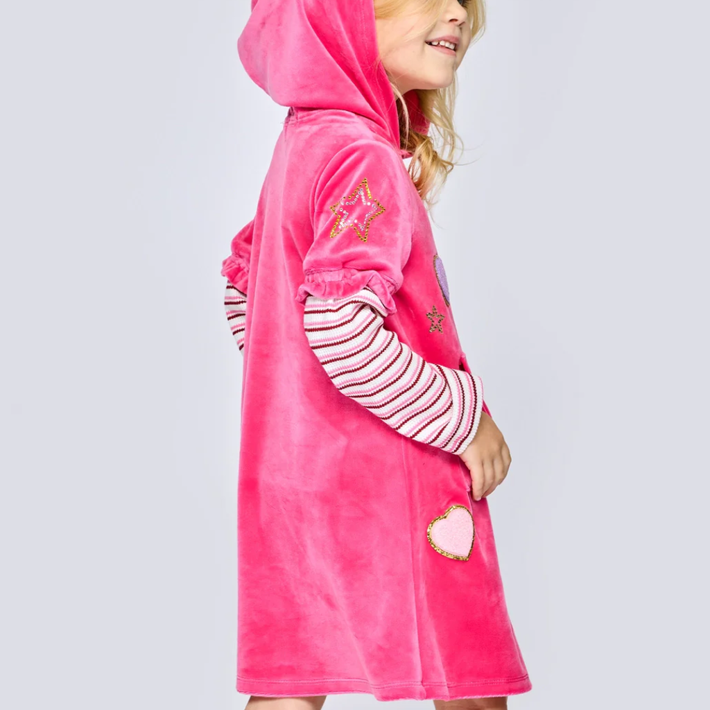 Baby Sara L/S VELOUR HOODIE DRESS W/PATCH AND RHINESTONES-FUSCHIA