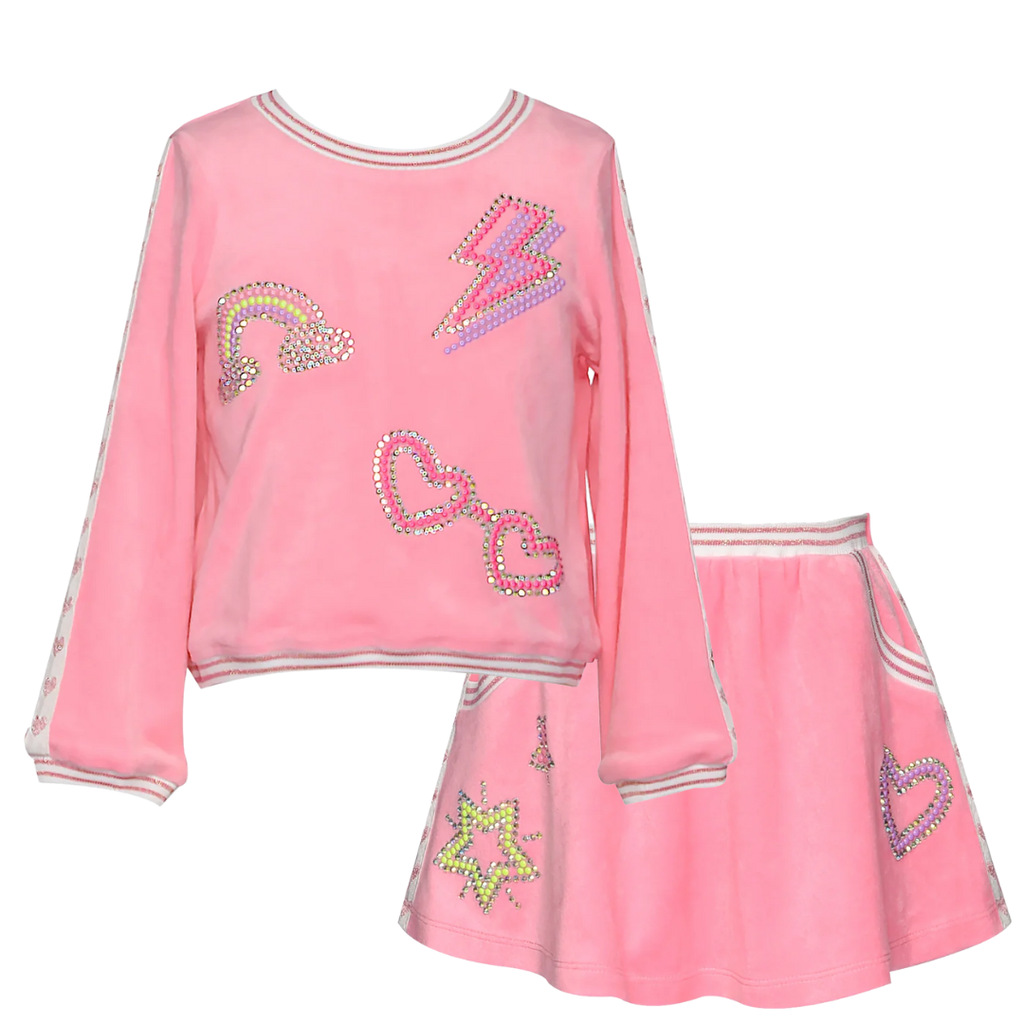 Baby Sara L/S VELOUR TOP W/SKIRT PINK W/RHINESTONE DETAIL