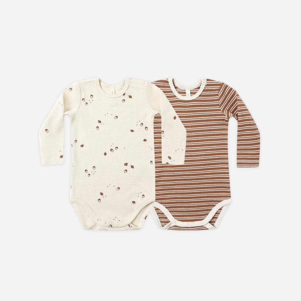 QUINCY MAE RIBBED BODYSUIT, 2 PK || CEDAR MICRO STRIPE, ACORNS