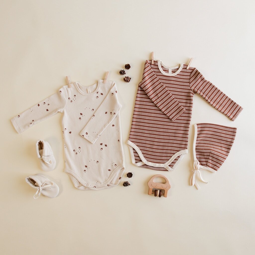QUINCY MAE RIBBED BODYSUIT, 2 PK || CEDAR MICRO STRIPE, ACORNS
