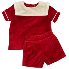 LULU BEBE BOY'S RED VELVET SQUARE COL SHORT SET