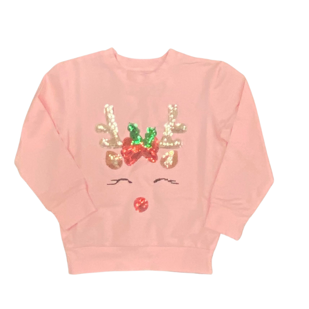 LULU BEBE GIRL'S LT PINK LS SEQUIN REINDEER TOP