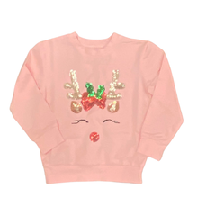 LULU BEBE GIRL'S LT PINK LS SEQUIN REINDEER TOP