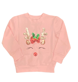 LULU BEBE GIRL'S LT PINK LS SEQUIN REINDEER TOP