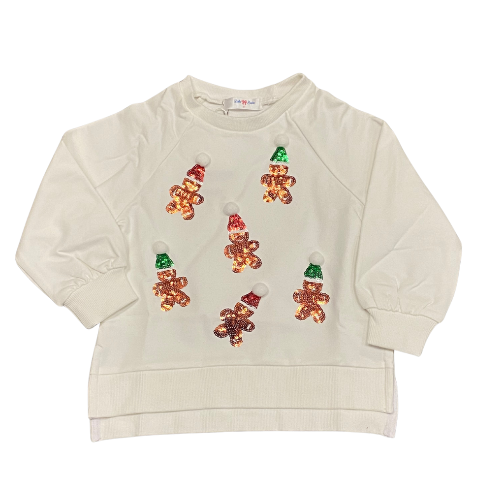 LULU BEBE GIRL'S WHITE LS SEQUIN GINGERBREAD TOP