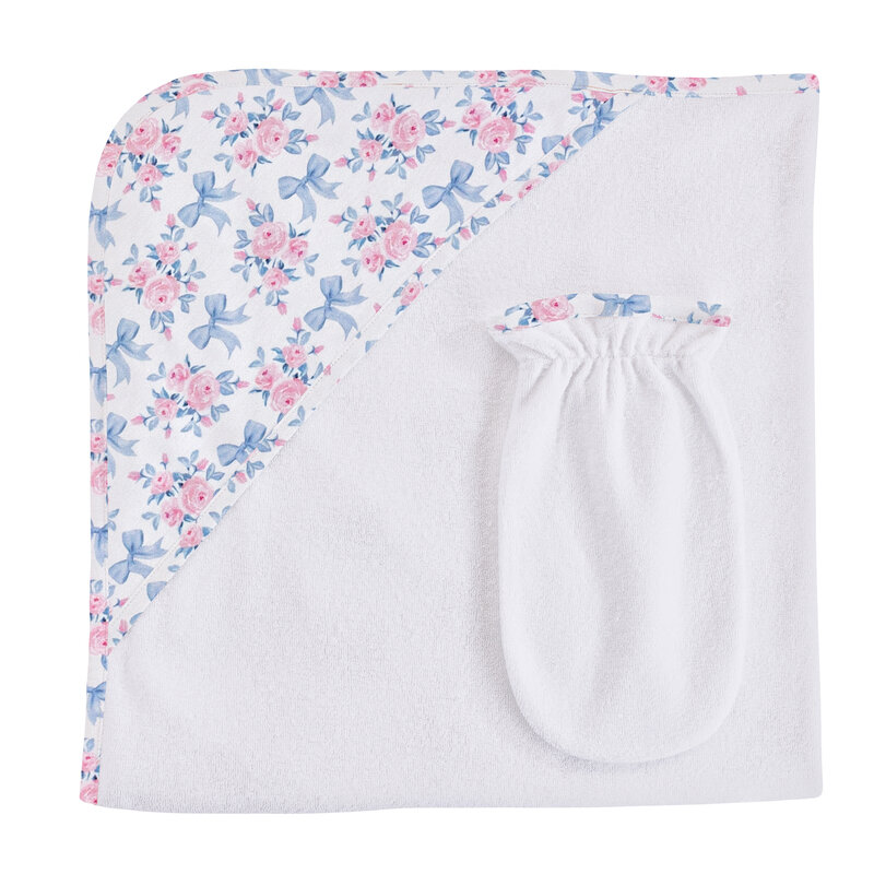 BABY CLUB CHIC blue floral bows printed hodded towel with mitt