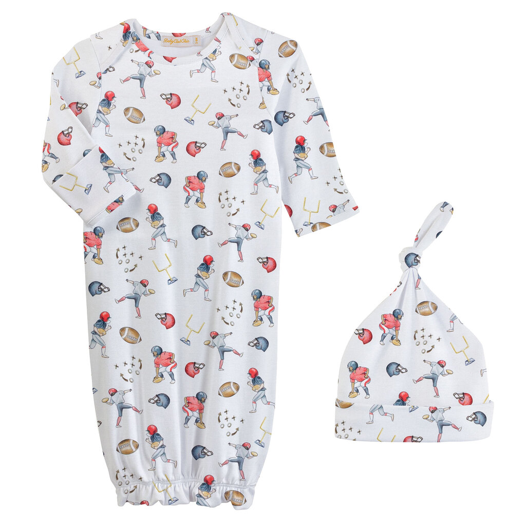 BABY CLUB CHIC football champs printed gown and hat set