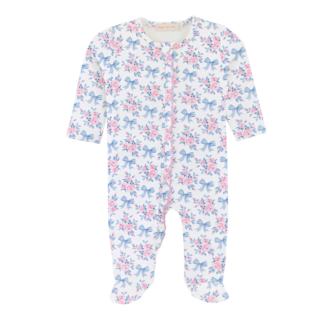 BABY CLUB CHIC blue floral bows printed zipper footie w/ruffles