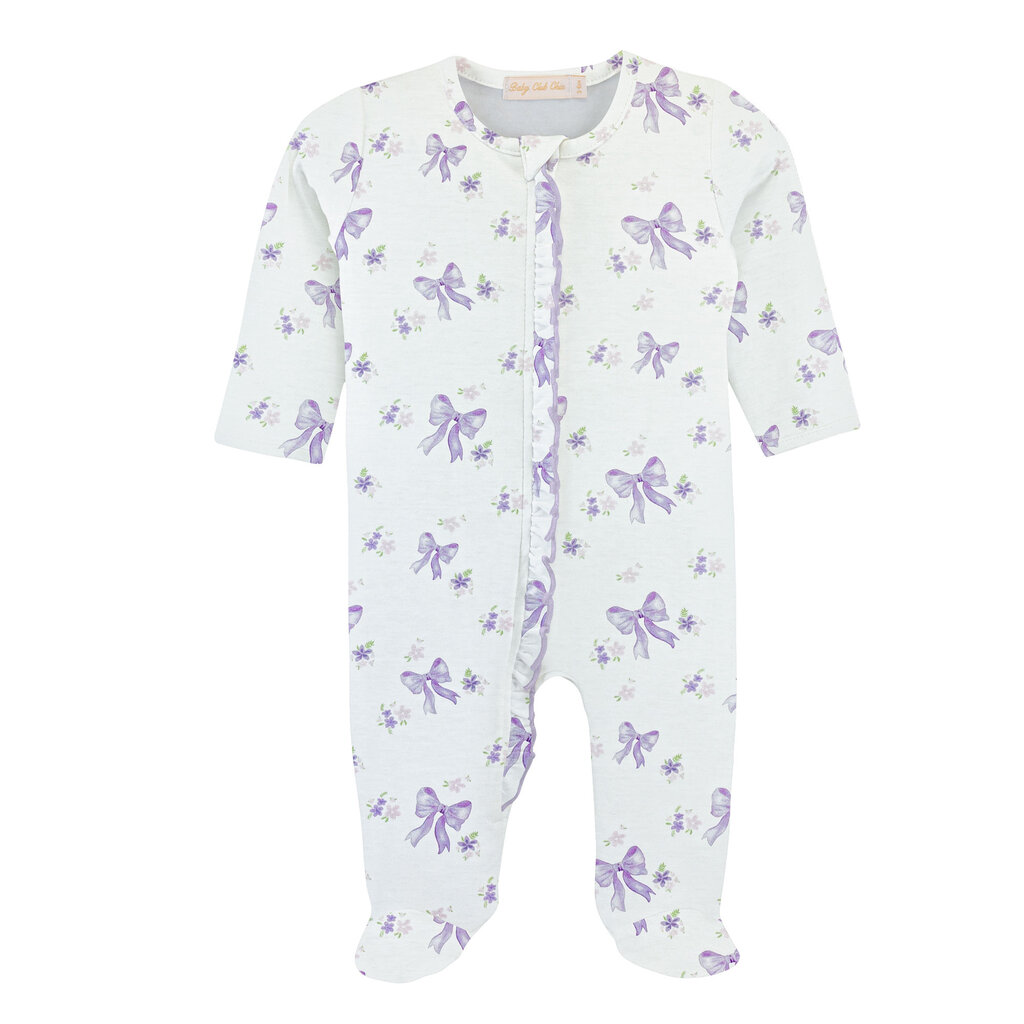 BABY CLUB CHIC lavender bows printed zipper footie w/ruffles
