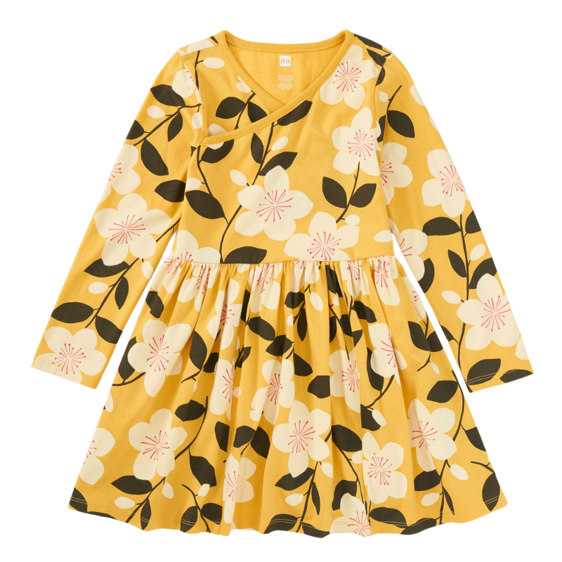 Girl's Long Sleeve Wrap Neck Dress Plum Blossom