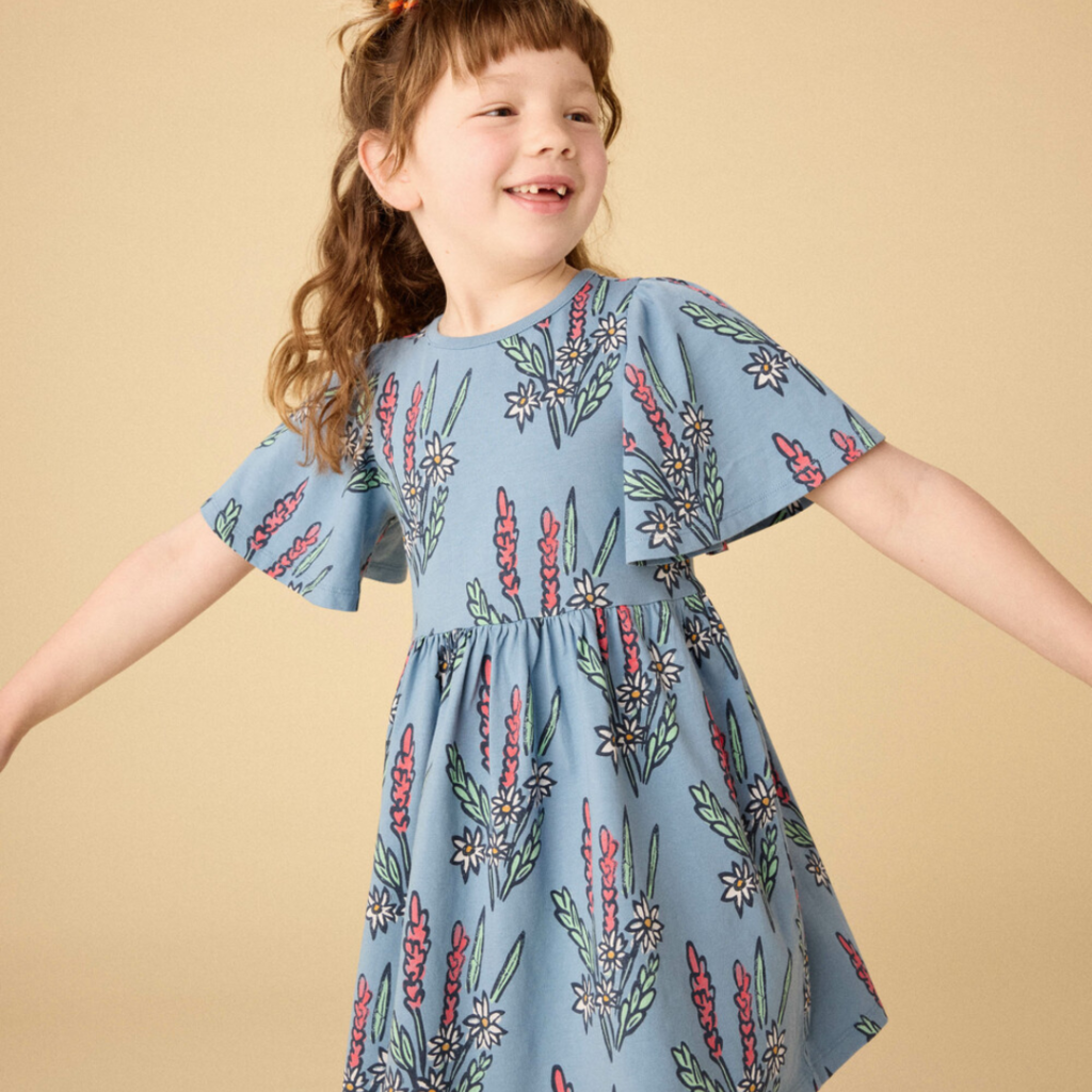 Butterfly Sleeve Dress-Block Print Floral