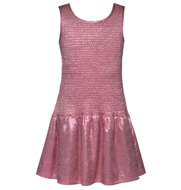 Hannah Banana SHIMMER SHIRRED DROP WAIST DRESS PINK