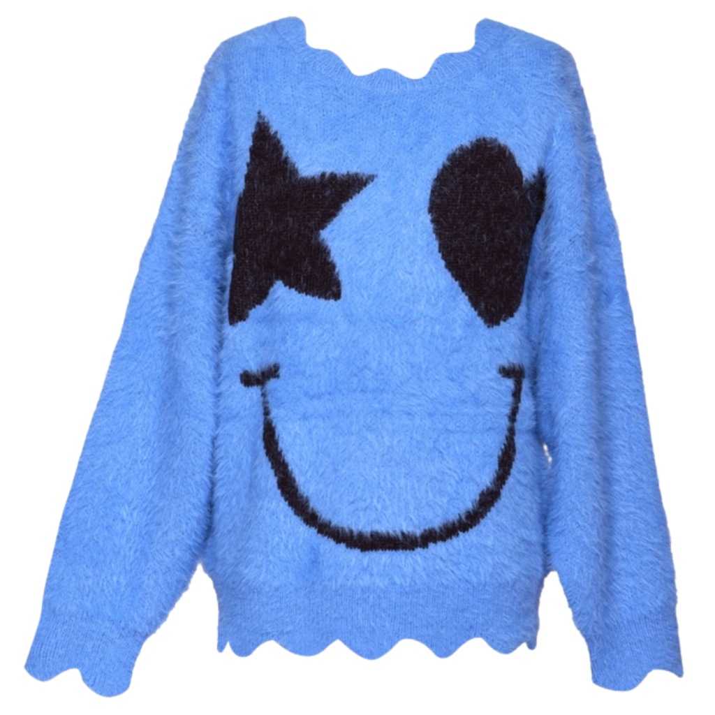 Hannah Banana STAR/HEART SMILEY FACE FUZZY SWEATER BLUE