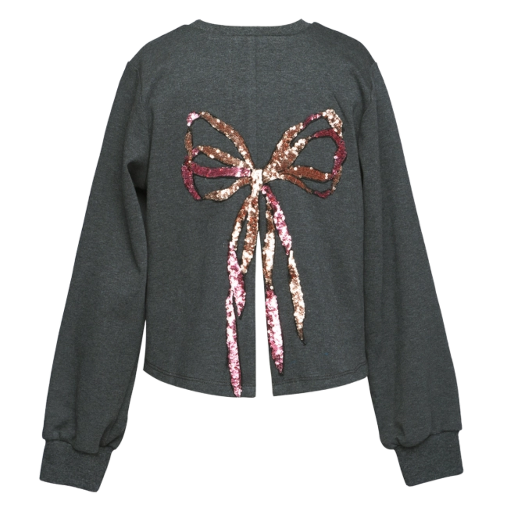 Hannah Banana SEQUIN BOW SWEATSHIRT W/BACK SLIT CHARCOAL