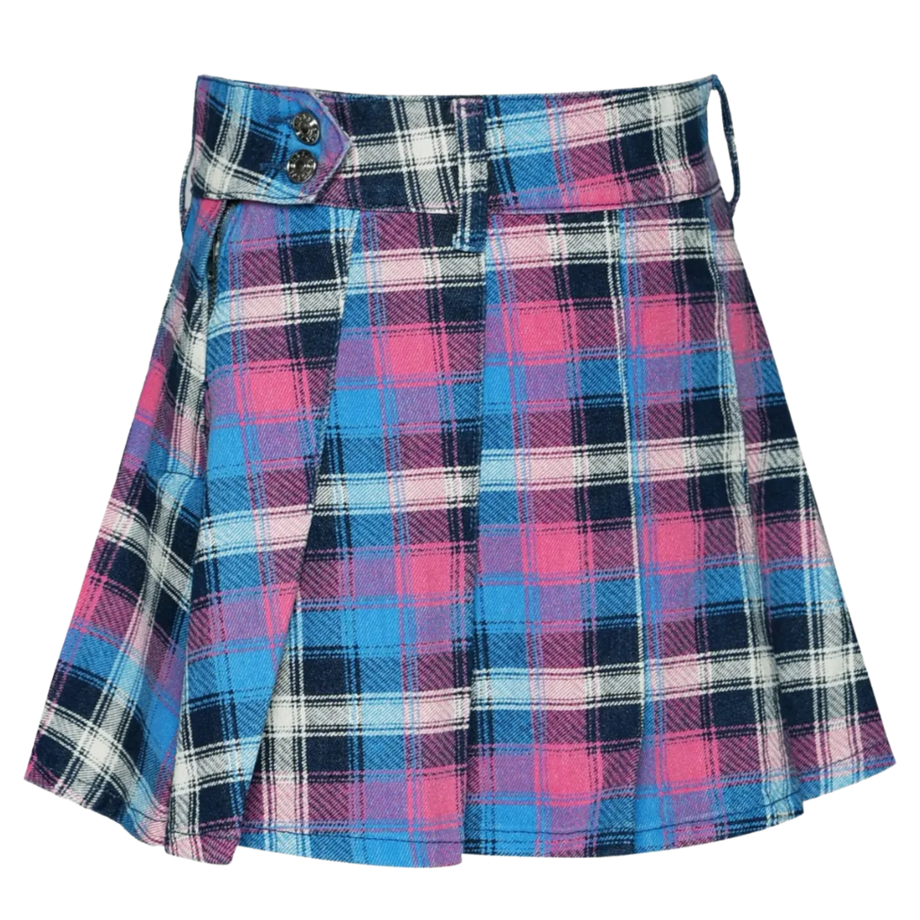 Hannah Banana PLAID DENIM PLEATED SKIRT PINK MULTI