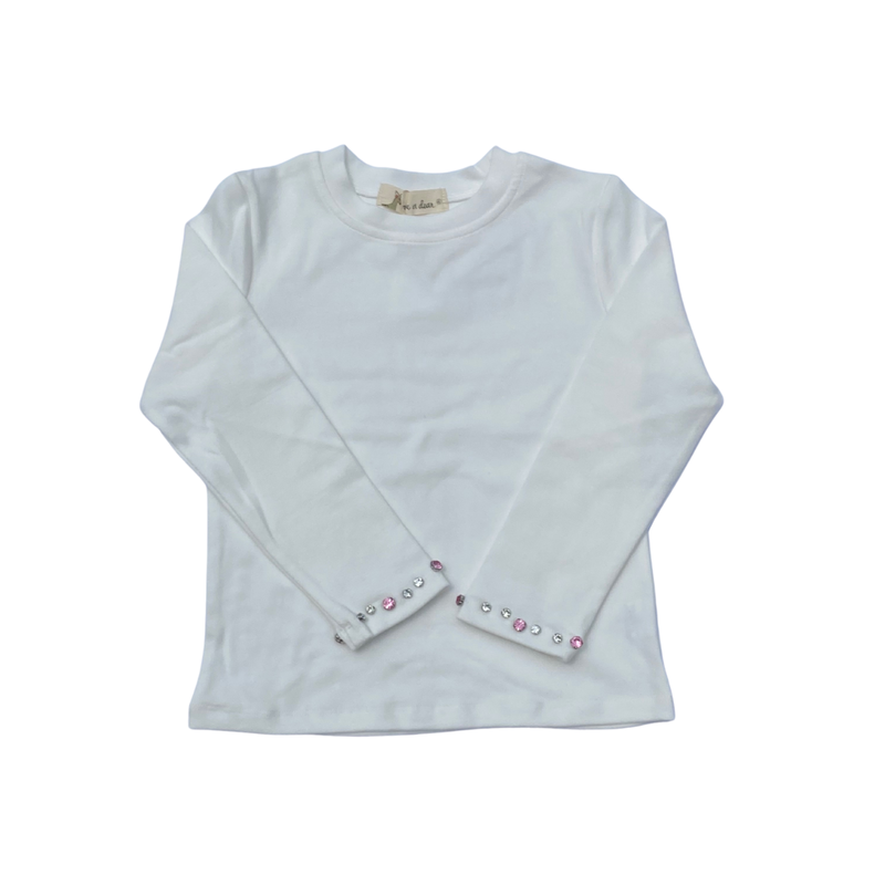 DOE A DEAR RHINESTONE TRIM L/S TOP WHITE