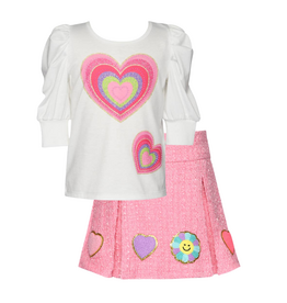 Baby Sara Heart Print Top w/ Tweed Pleated Skirt