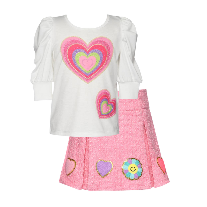 Baby Sara Heart Print Top w/ Tweed Pleated Skirt