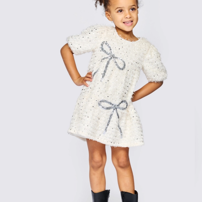 Baby Sara Girl's Tiered Dress w/Sequin Bow Ivory Multi