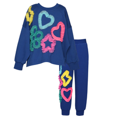 Baby Sara Girl's L/S Top w/Mesh Heart, Star, Flower w/Jogger Blue Multi