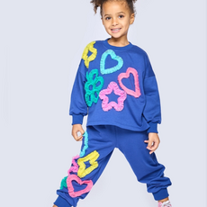 Baby Sara Girl's L/S Top w/Mesh Heart, Star, Flower w/Jogger Blue Multi