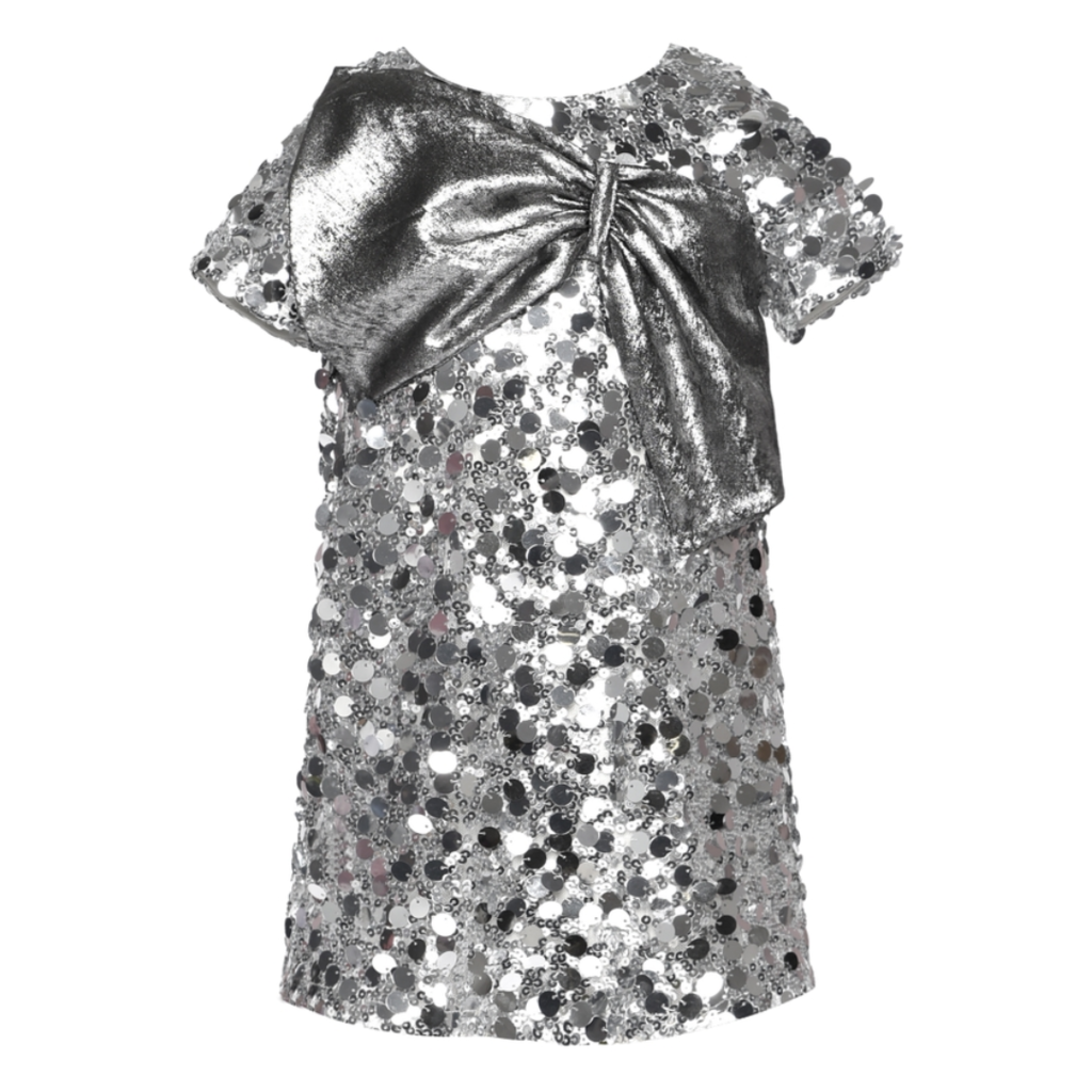 Baby Sara SEQUIN DRESS W/BIG BOW DETAIL SILVER MULTI