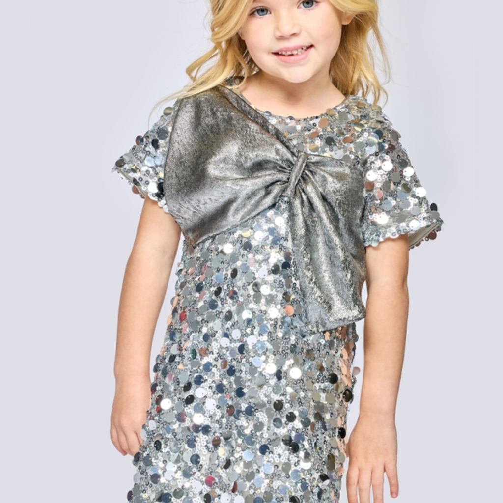 Baby Sara SEQUIN DRESS W/BIG BOW DETAIL SILVER MULTI