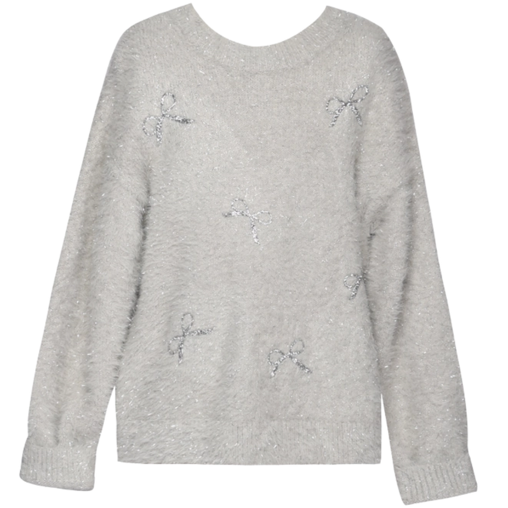 Hannah Banana Girl's Fuzzy Metallic Sweater w/Sequin Bows Grey