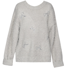 Hannah Banana Girl's Fuzzy Metallic Sweater w/Sequin Bows Grey