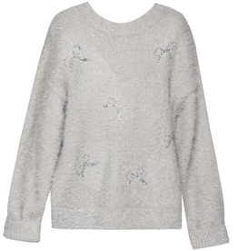 Hannah Banana Girl's Fuzzy Metallic Sweater w/Sequin Bows Grey