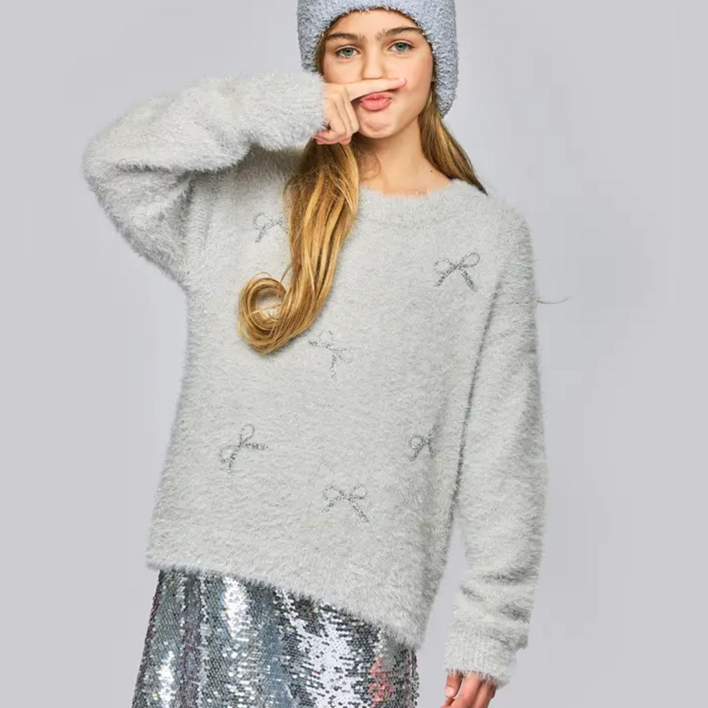 Hannah Banana Girl's Fuzzy Metallic Sweater w/Sequin Bows Grey