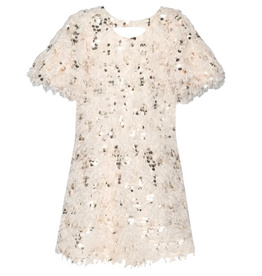 Hannah Banana Girl's Faux Feather-Sequin Dress w/Chest Keyhole Ivory