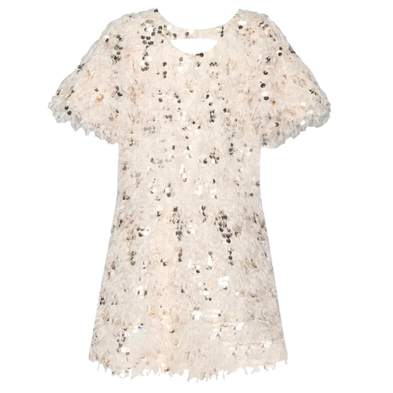 Hannah Banana Girl's Faux Feather-Sequin Dress w/Chest Keyhole Ivory