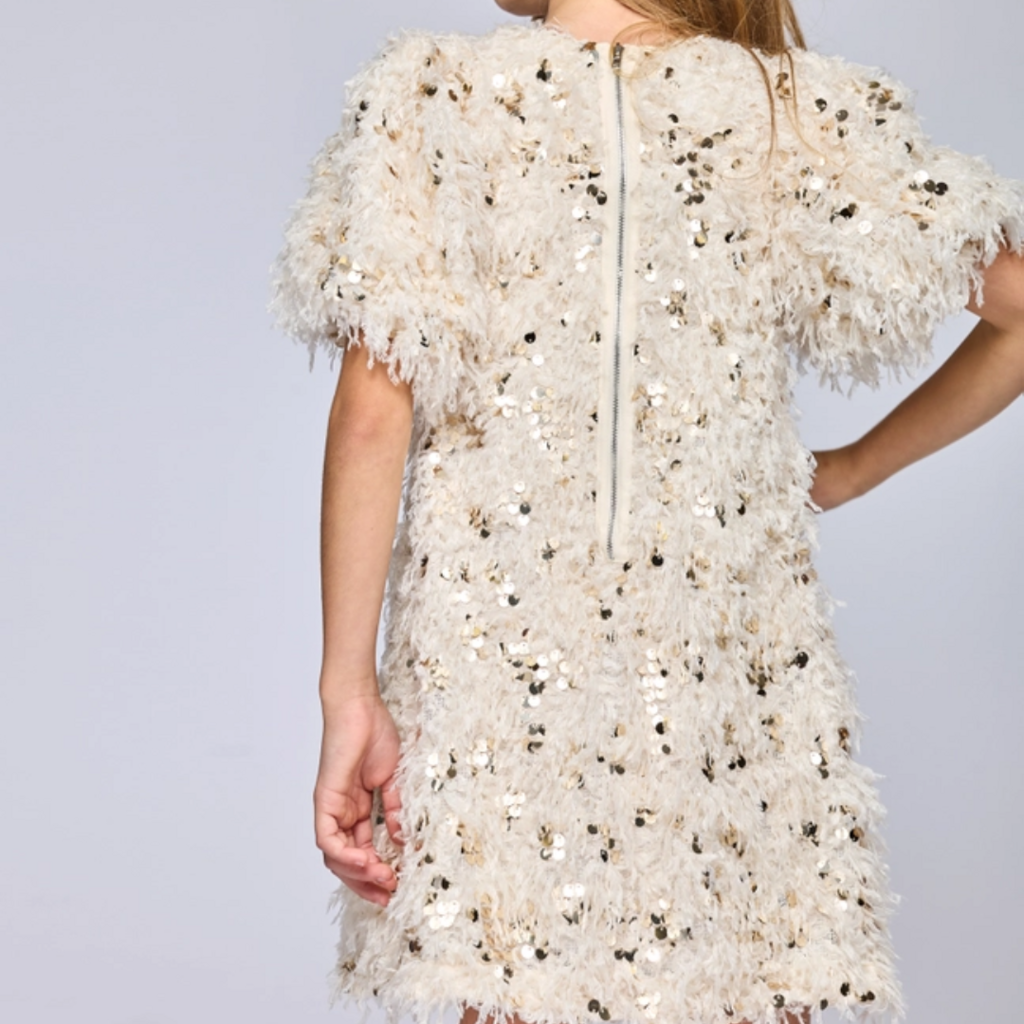Hannah Banana Girl's Faux Feather-Sequin Dress w/Chest Keyhole Ivory
