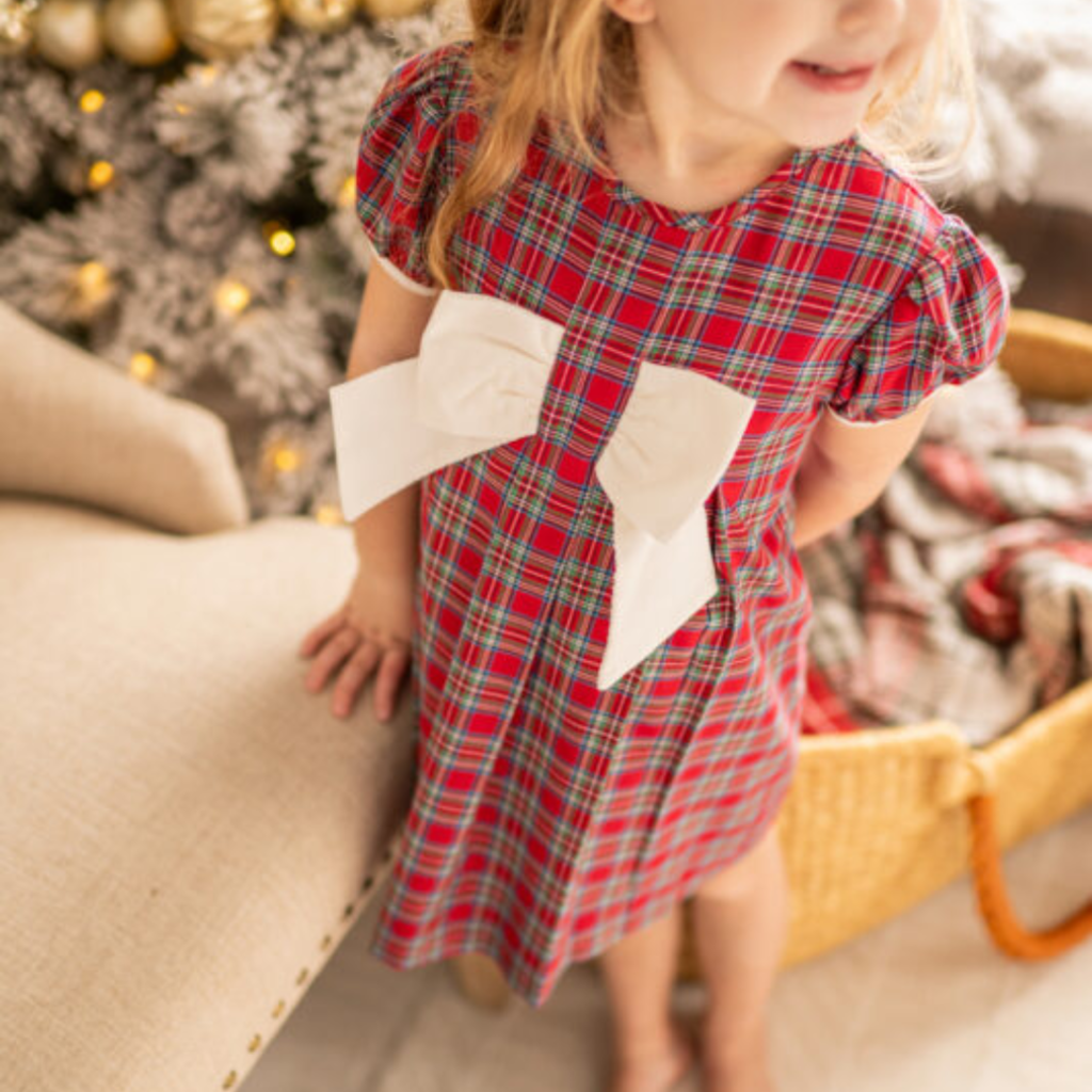 BANANA SPLIT Girl's Kenzie Bow Dress-Red Tartan Plaid