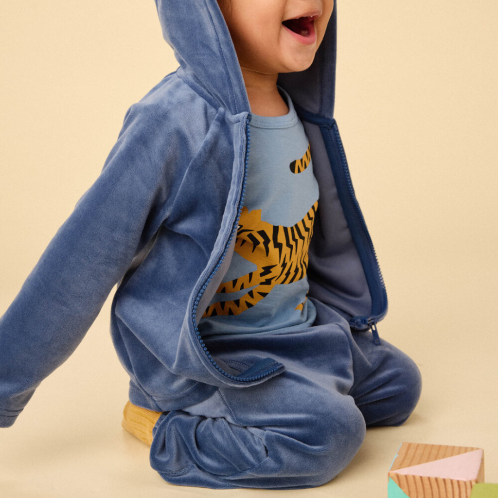 Bear Ears Velour Baby Hoodie Naval Blue