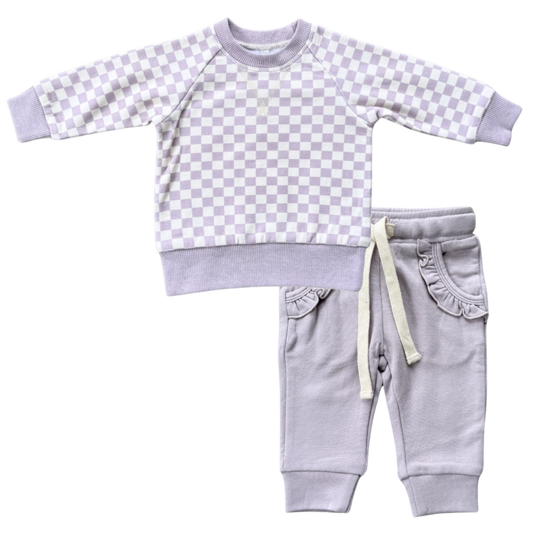 BABYSPROUTS Girl's Fleece Checkered Sweatshirt w/Joggers Lavender Cloud