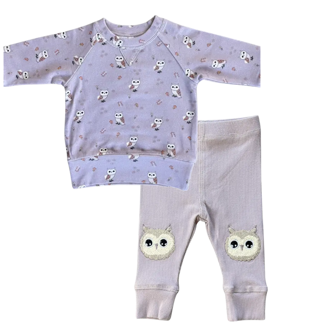 BABYSPROUTS Girl's Raglan Sweatshirt Owls w/Patch Ribbed Leggings Lav Cloud