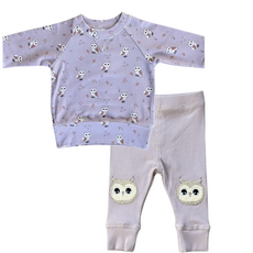 BABYSPROUTS Girl's Raglan Sweatshirt Owls w/Patch Ribbed Leggings Lav Cloud