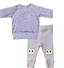 BABYSPROUTS Girl's Raglan Sweatshirt Owls w/Patch Ribbed Leggings Lav Cloud
