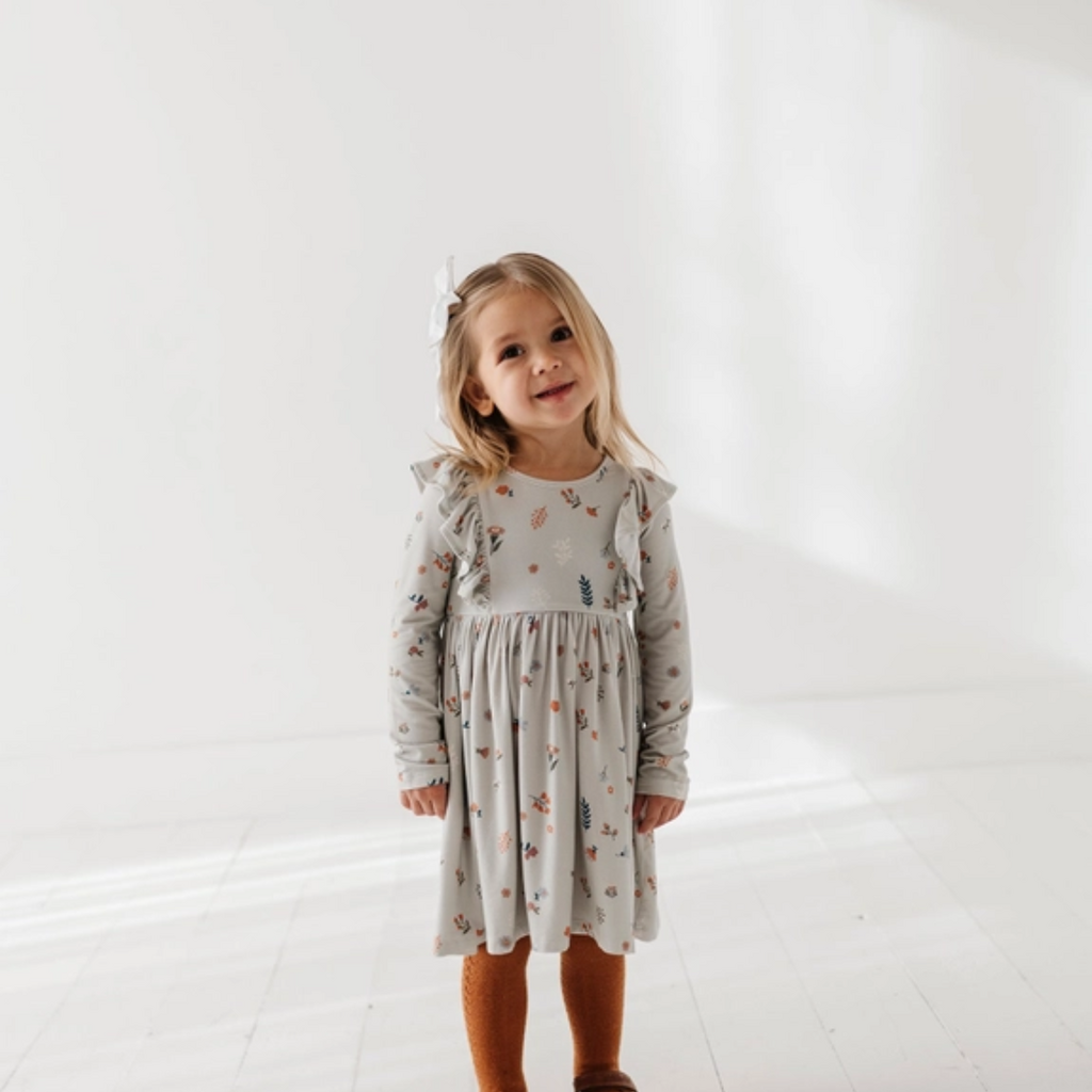 BABYSPROUTS Girl's Long Sleeve Ruffle Dress Botanical