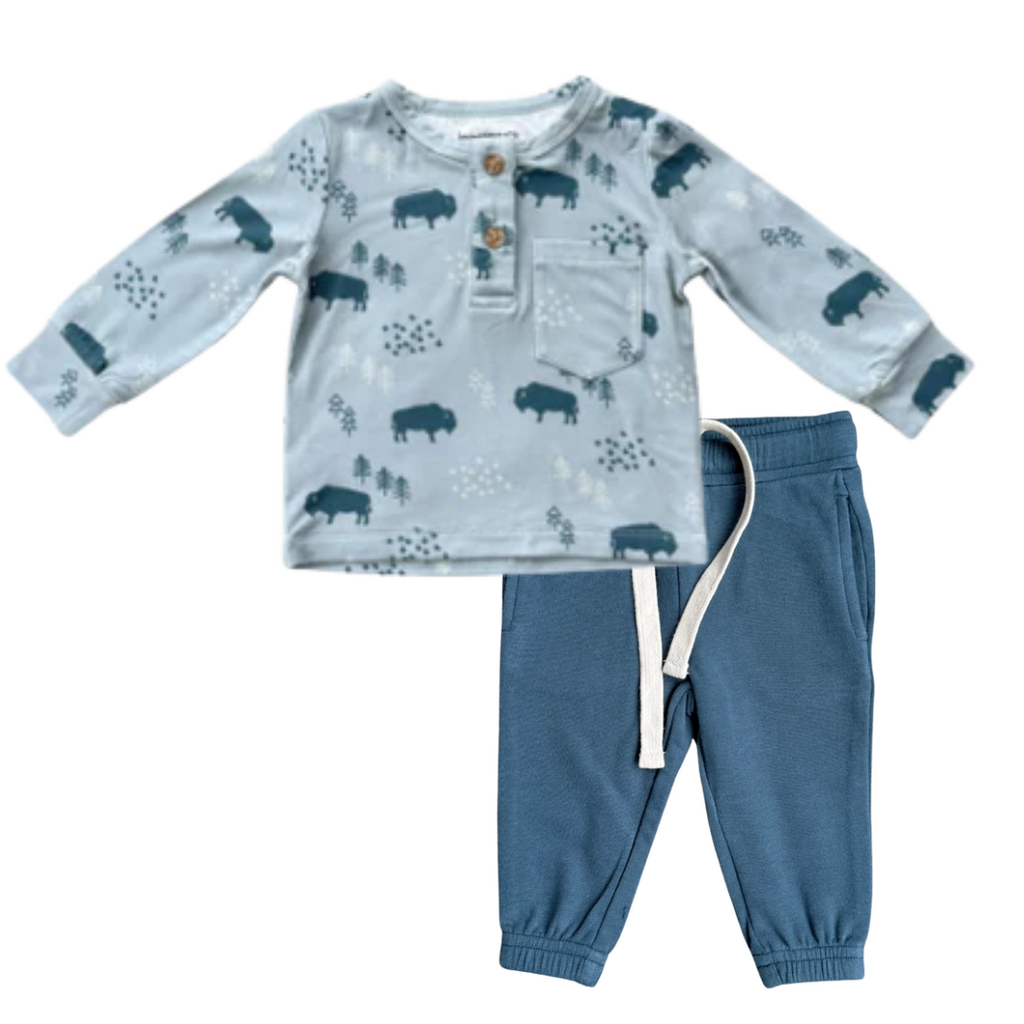BABYSPROUTS Boy's Long Sleeve Henley Shirt Buffalo w/Joggers Midnight