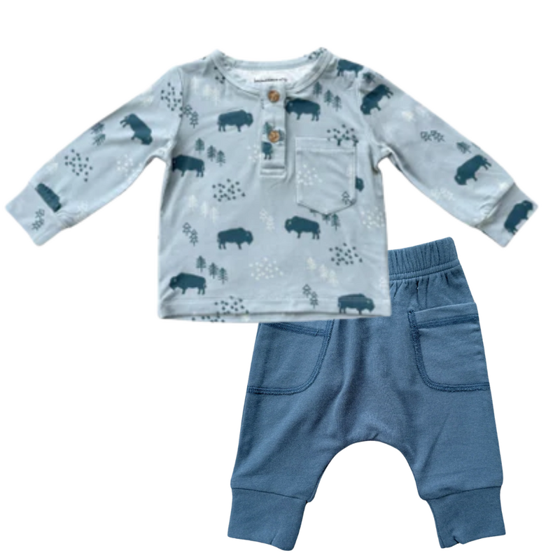 BABYSPROUTS Boy's Long Sleeve Henley Shirt Buffalo w/Pocket Pants  Midnight