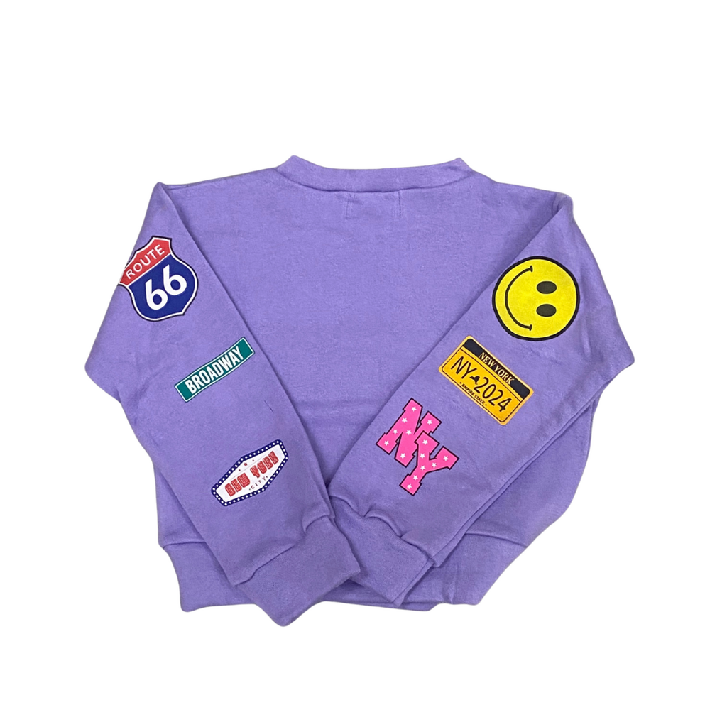 FLOWERS BY ZOE Girl's Good Vibes Sweatshirt w/Patches-Purple Wash