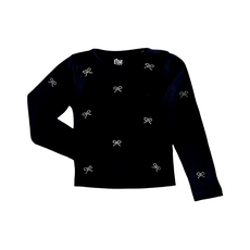 FLOWERS BY ZOE GIRL'S BLACK LS TOP W/ CRYSTAL BOWS