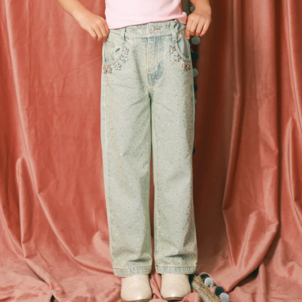 THREE WILDFLOWER DESIGN GIRL'S WIDE LEG GEM EMBELLISHED JEAN