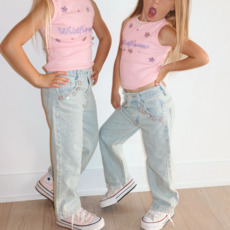 THREE WILDFLOWER DESIGN GIRL'S WIDE LEG GEM EMBELLISHED JEAN