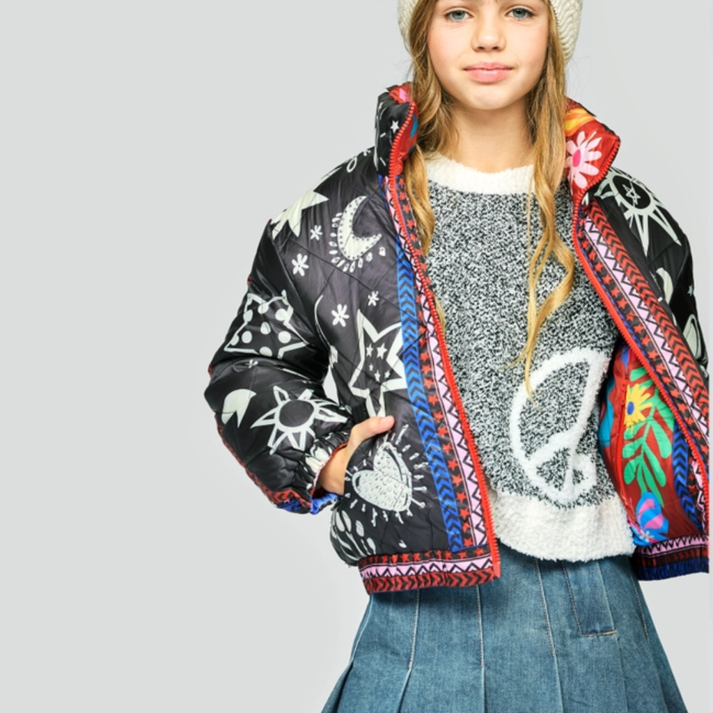 Hannah Banana GIRL'S REVERSIBLE PUFFER JACKET- BLACK MULTI