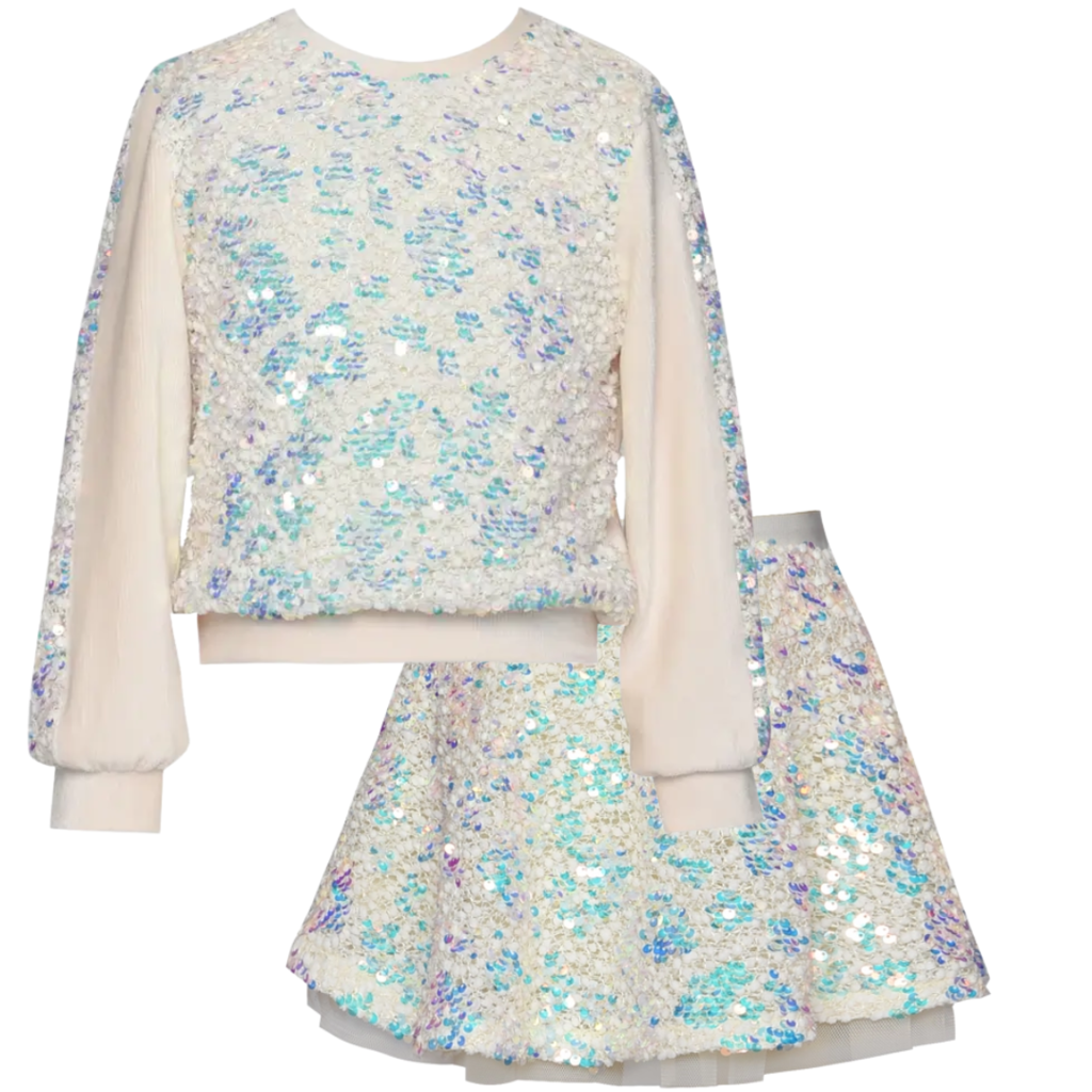 Baby Sara LS IRIDESCENT SEQUIN TOP W/SKATER SKIRT-IVORY